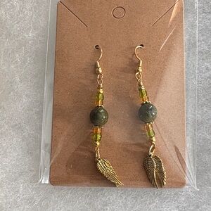 Gold and Green Beaded Wing Earrings